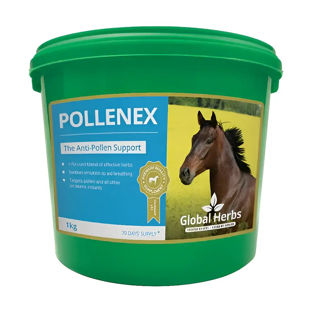 Green plastic bucket labeled pollenex by global herbs pollenex offers soothing support for easy breathing global horse care