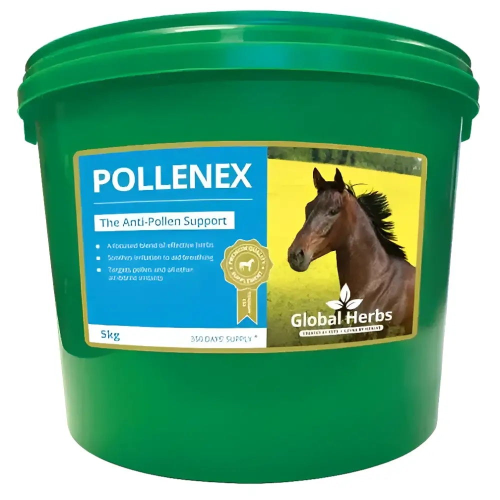 Green plastic bucket of global herbs pollenex easy breathing global with blue yellow label showing brown horse for soothing pollenex offers soothing support