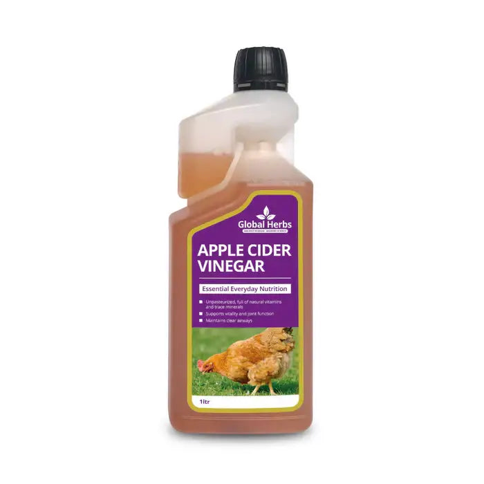 A 1-liter bottle of global herbs poultry apple cider vinegar with a purple label and black screw-top cap