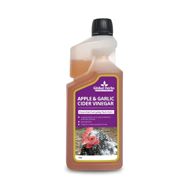 A 1-liter bottle of global herbs poultry apple garlic cider vinegar with a purple label and black screw-top cap