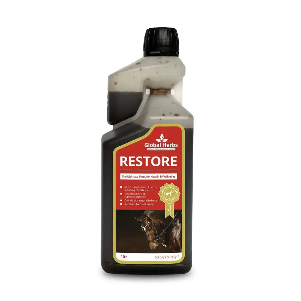 A 1 liter translucent plastic bottle of global herbs restore herbs restore liquid pick me up immune supplement with black cap and red horse label
