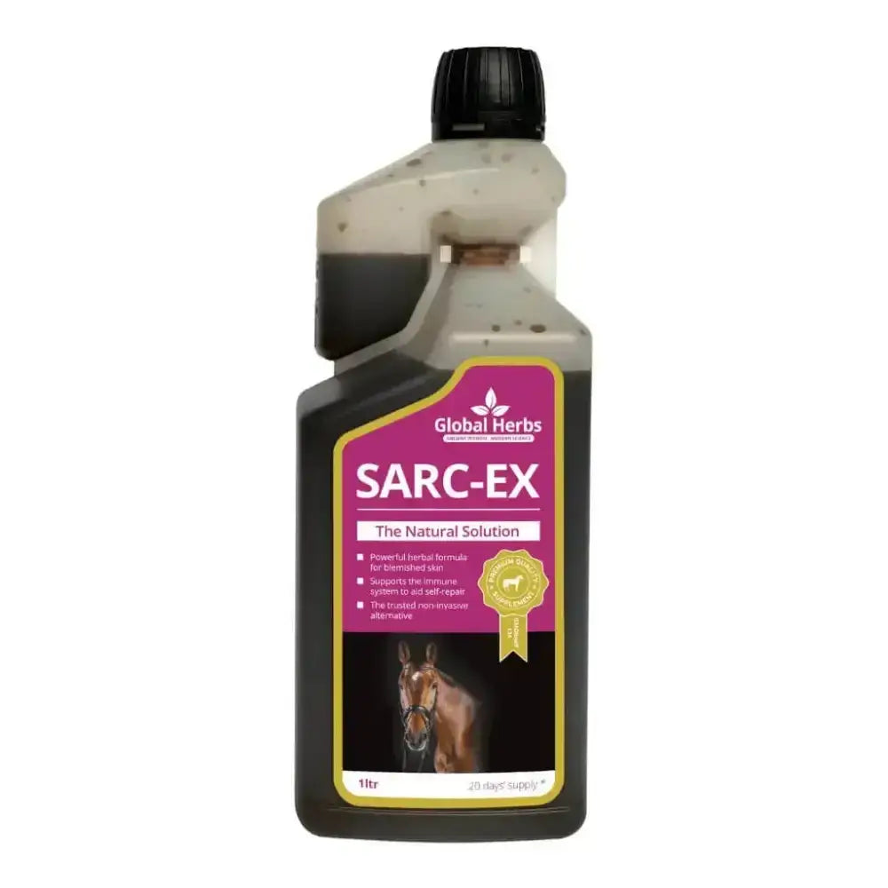 Dark brown plastic bottle with black cap and purple label featuring global herbs sarc brand for sarc-ex liquid ltr equine