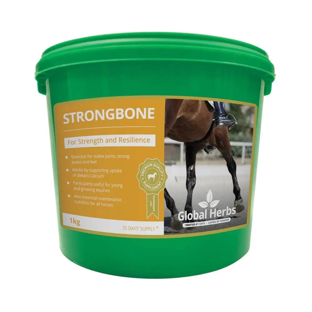 Green plastic bucket of global herbs strongbone equine joint supplements for skeletal development in horses
