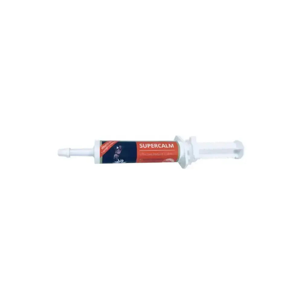 White plastic syringe with red and navy blue label for global herbs supercalm instant syringe calming herbal mix 30ml