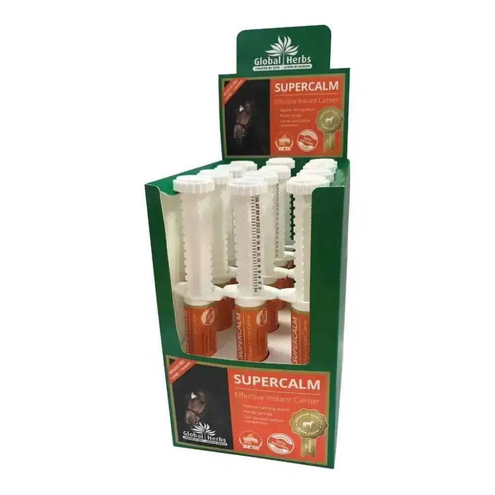 Green and orange retail box with multiple white and orange global herbs supercalm instant syringes with calming herbal mix