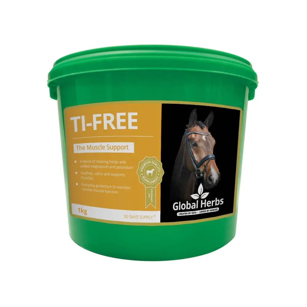 Green plastic bucket of global herbs ti-free muscle support with horse head label to maintain normal muscle function