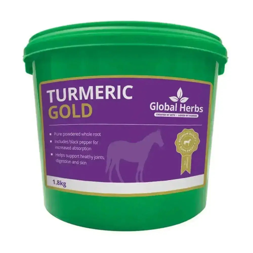 Green plastic tub of global herbs turmeric gold 1.8kg supplement with pure turmeric root and black pepper for joint health with strong soothing properties