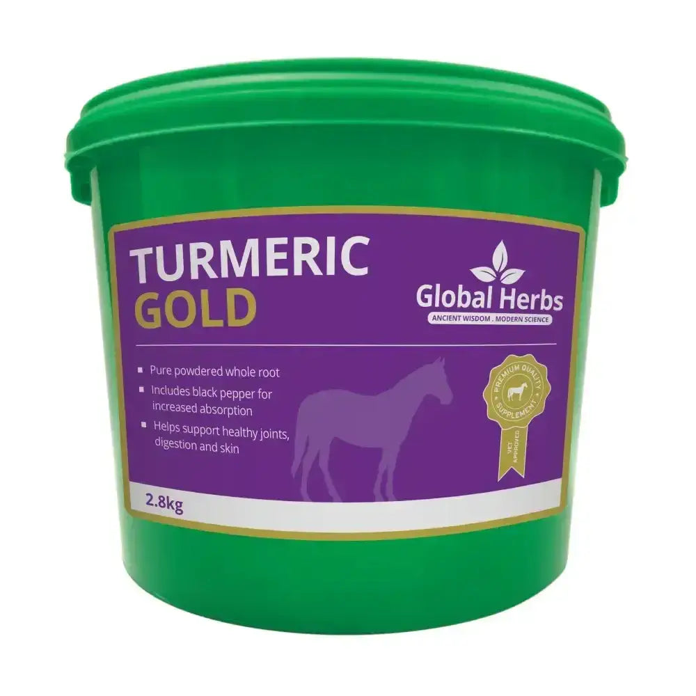 Green plastic bucket of global herbs turmeric gold with purple label and gold trim known for strong soothing properties