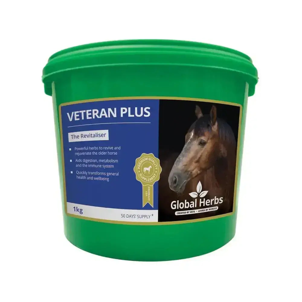 Green plastic bucket of global herbs veteran plus horse supplement with blue black label featuring winter cherry image