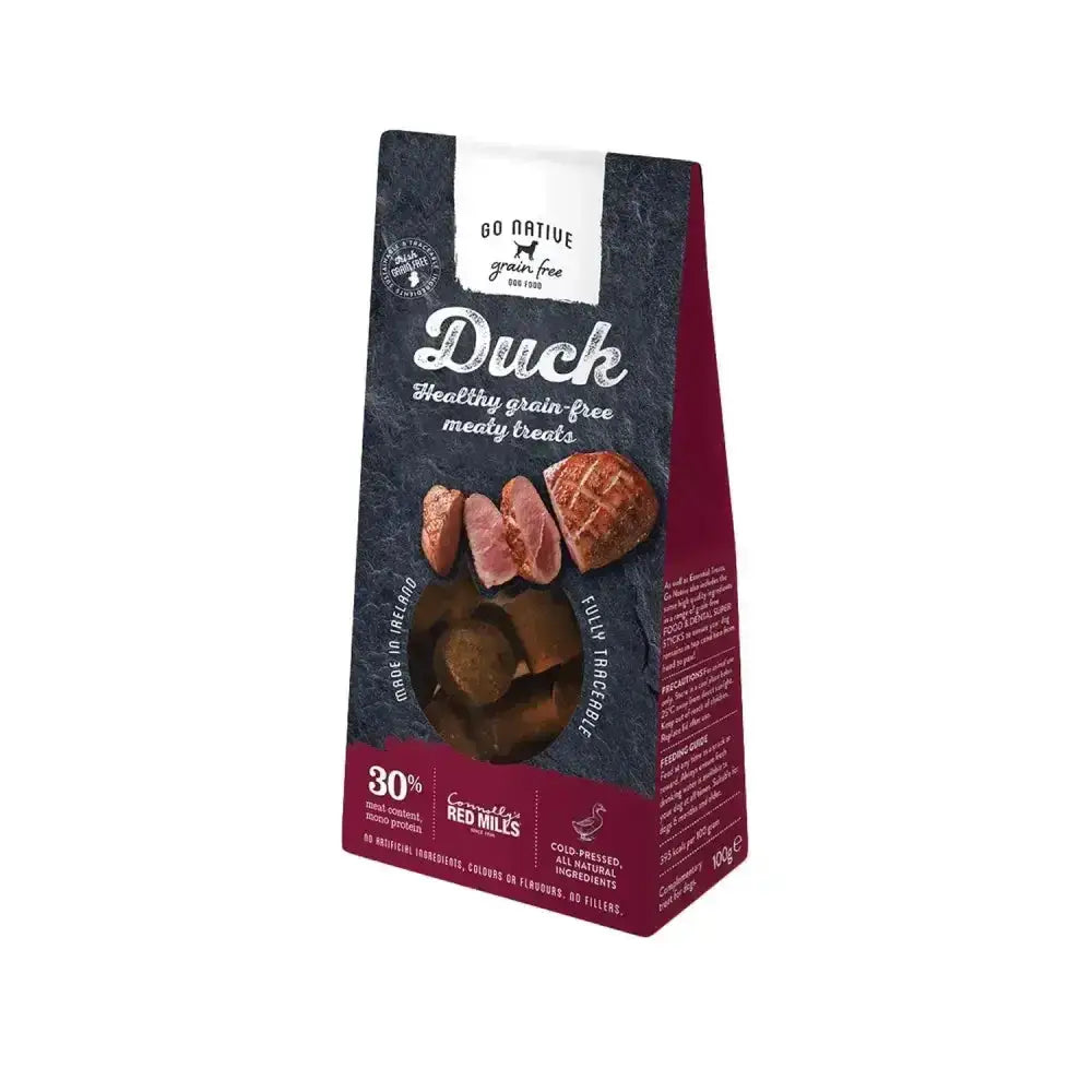 A dark gray and maroon package of red mills go native grain free duck treats with clear window for fun owner dog relationship