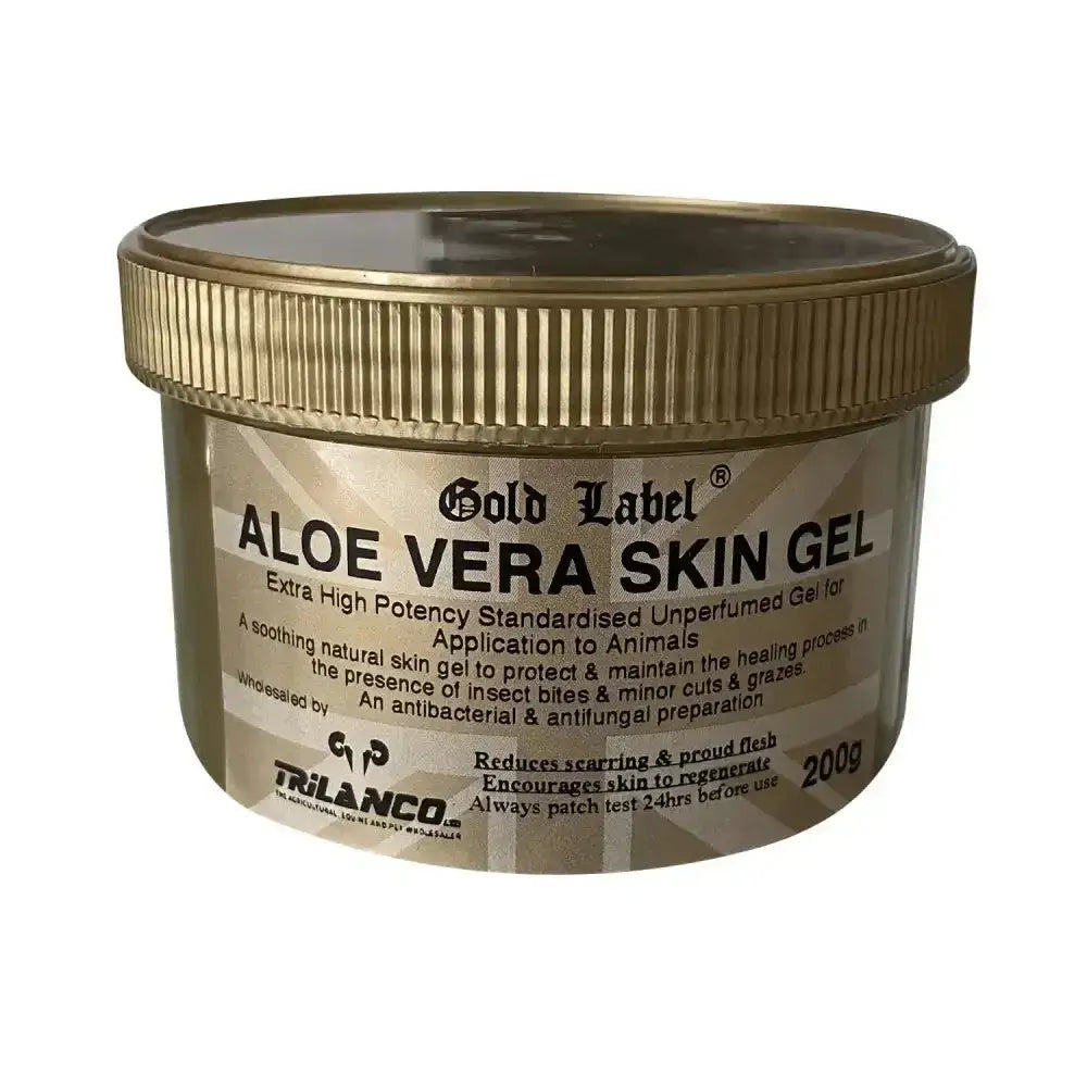 Gold label aloe vera skin gel in a 200g jar with ribbed gold lid and beige label strong skin gel for soothing care