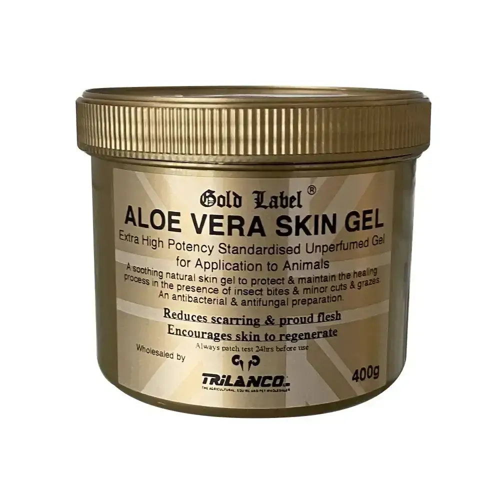 Gold label aloe vera skin gel in a 400g metallic gold jar with ribbed lid and beige label strong skin gel
