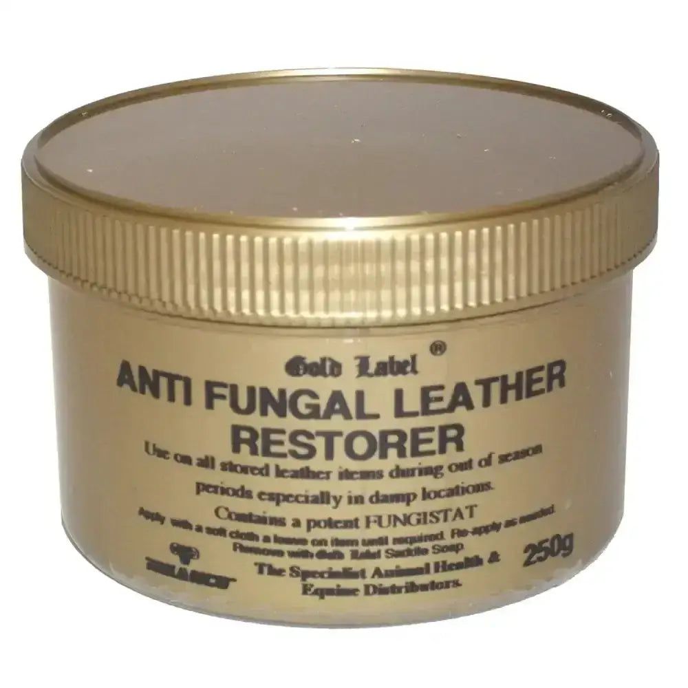 Gold label anti fungal leather restorer in a 250g beige jar with ribbed gold lid for fungal leather care
