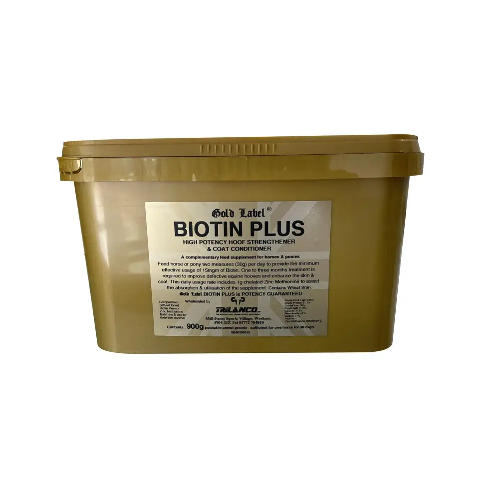 Gold label biotin plus 900g gold plastic container with amino acid methionine for horse hoof supplements and coat care