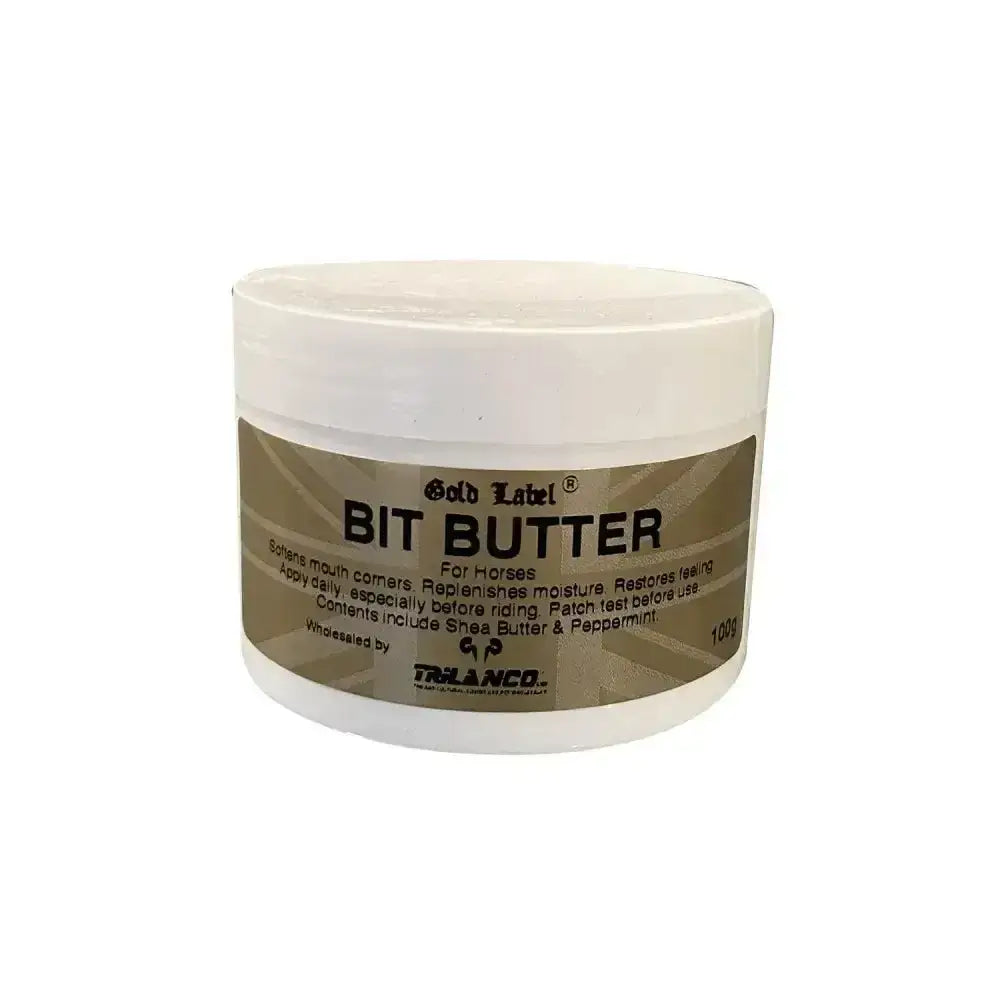 White plastic jar of gold label bit butter softens mouth for horses with brown and black label bit butter softens text