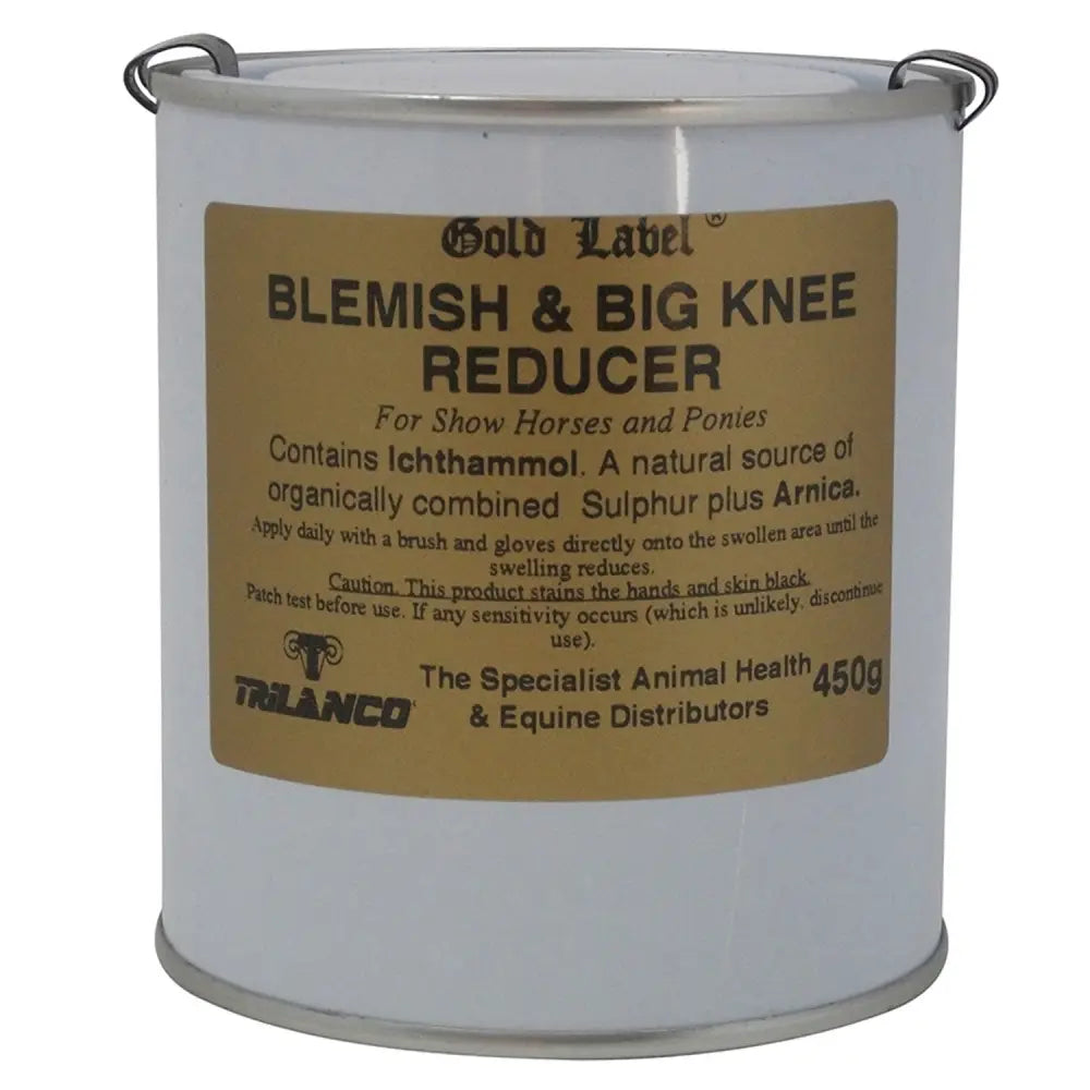 White metal can with tan label and black text branded as talanco gold label blemish and big knee application natural source