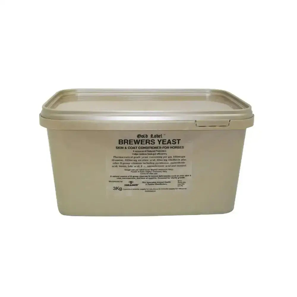 Beige plastic container of gold label brewers yeast skin and coat conditioner for horses with valuable b group vitamins