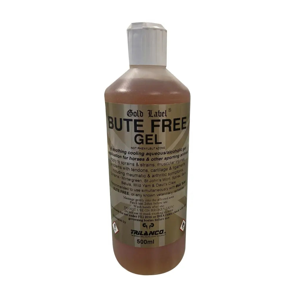 Gold label bute free gel in a clear plastic 500ml bottle with amber soothing cool gel and white cap
