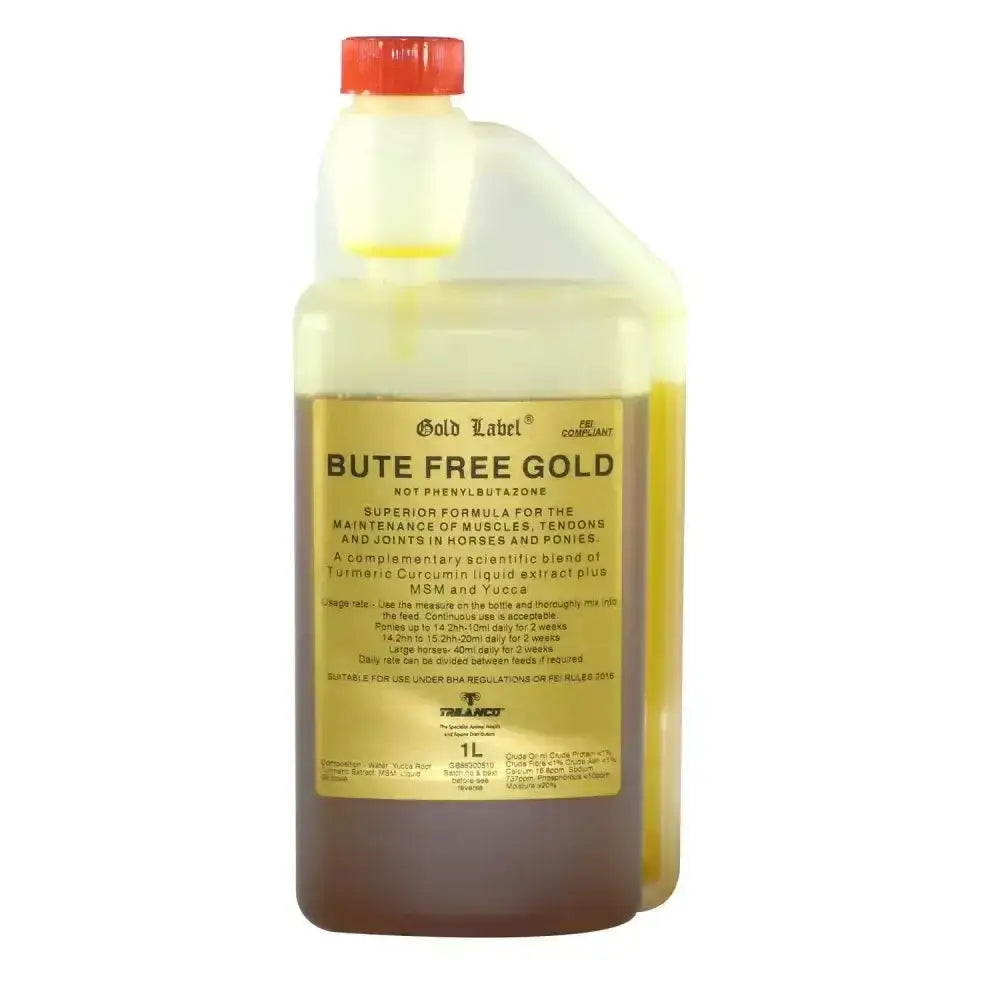 A 1-liter translucent plastic bottle with red cap and gold label of gold label bute free gold turmeric curcumin liquid for horses