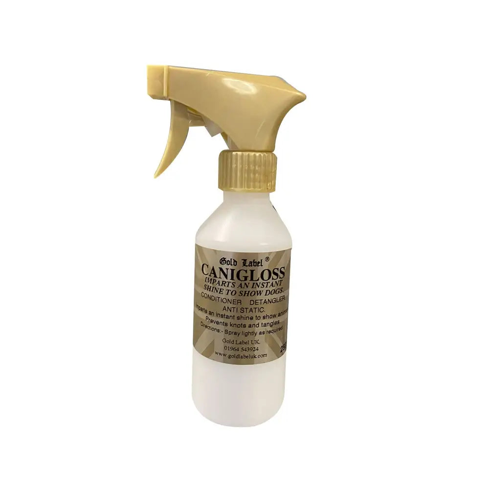 Gold label canigloss pleasant smelling spray bottle with gold trigger and tan label for dog grooming shine