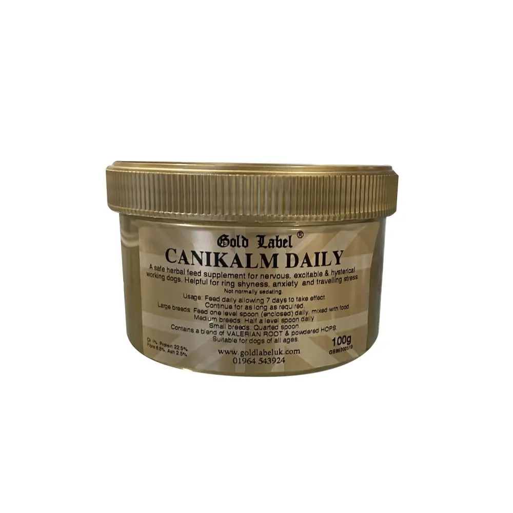 Gold label canikalm daily 100g herbal supplement in gold jar with ribbed lid and beige label canikalm daily