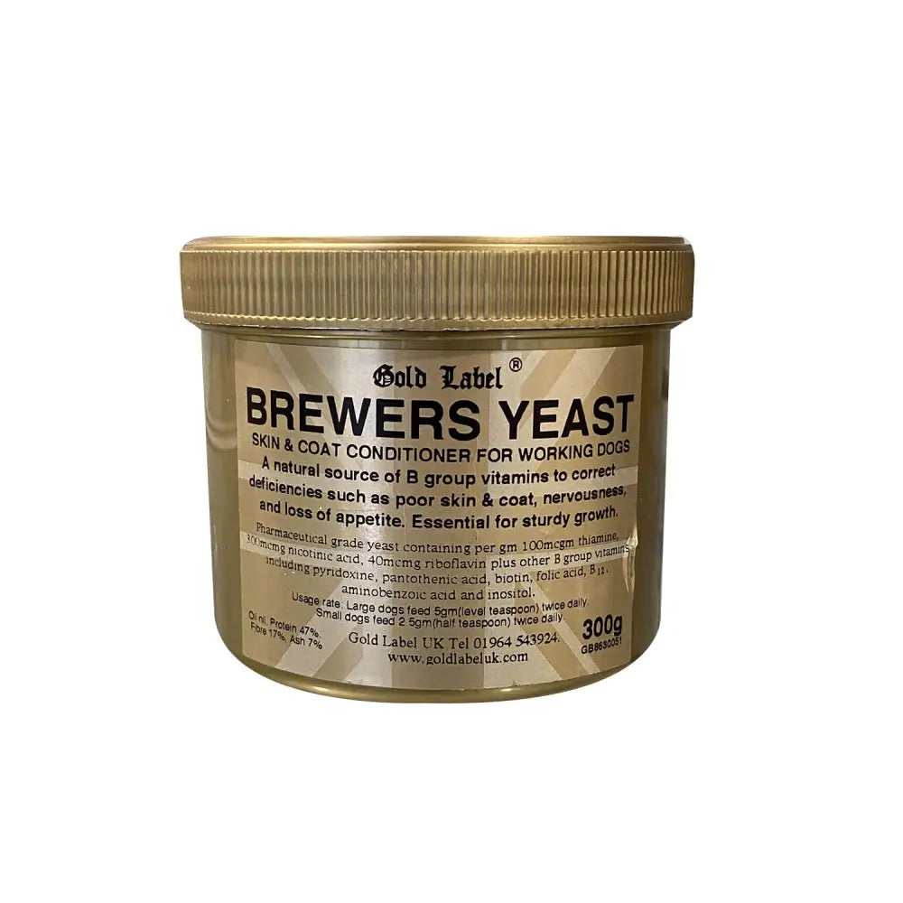 Gold label canine brewers yeast skin and coat conditioner in a 300g gold jar with ribbed lid and beige label for dogs