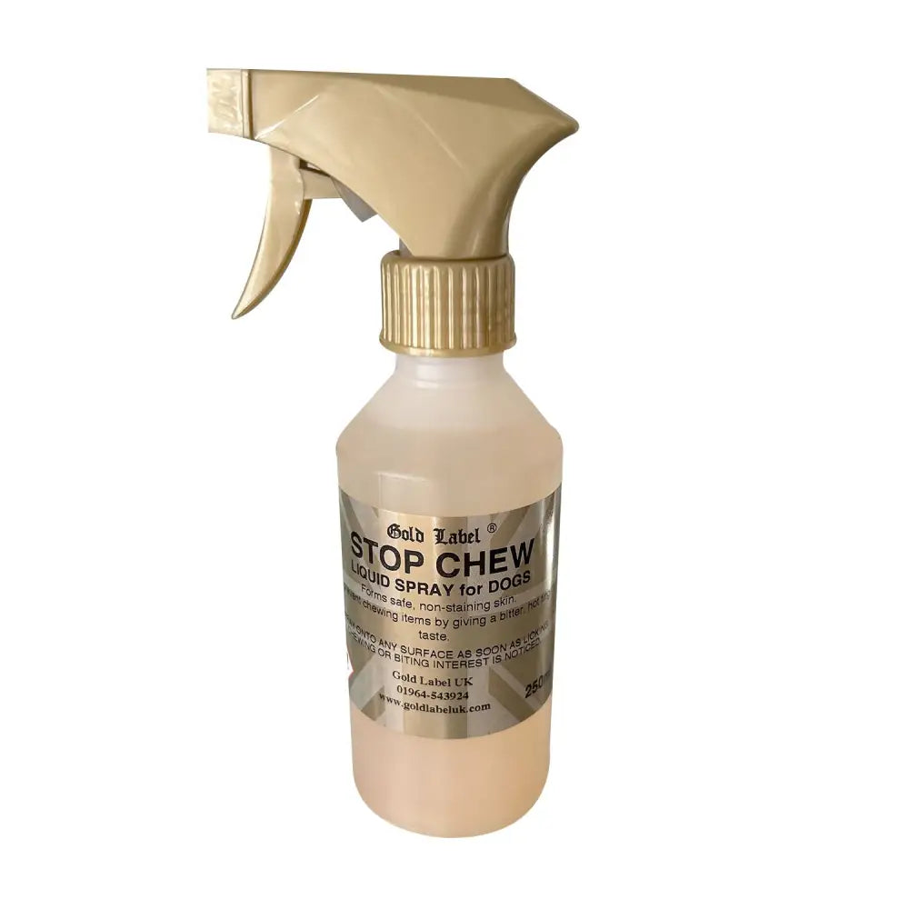 Gold label canine stop chew spray in a translucent bottle with gold trigger and cap to deter dogs from chewing