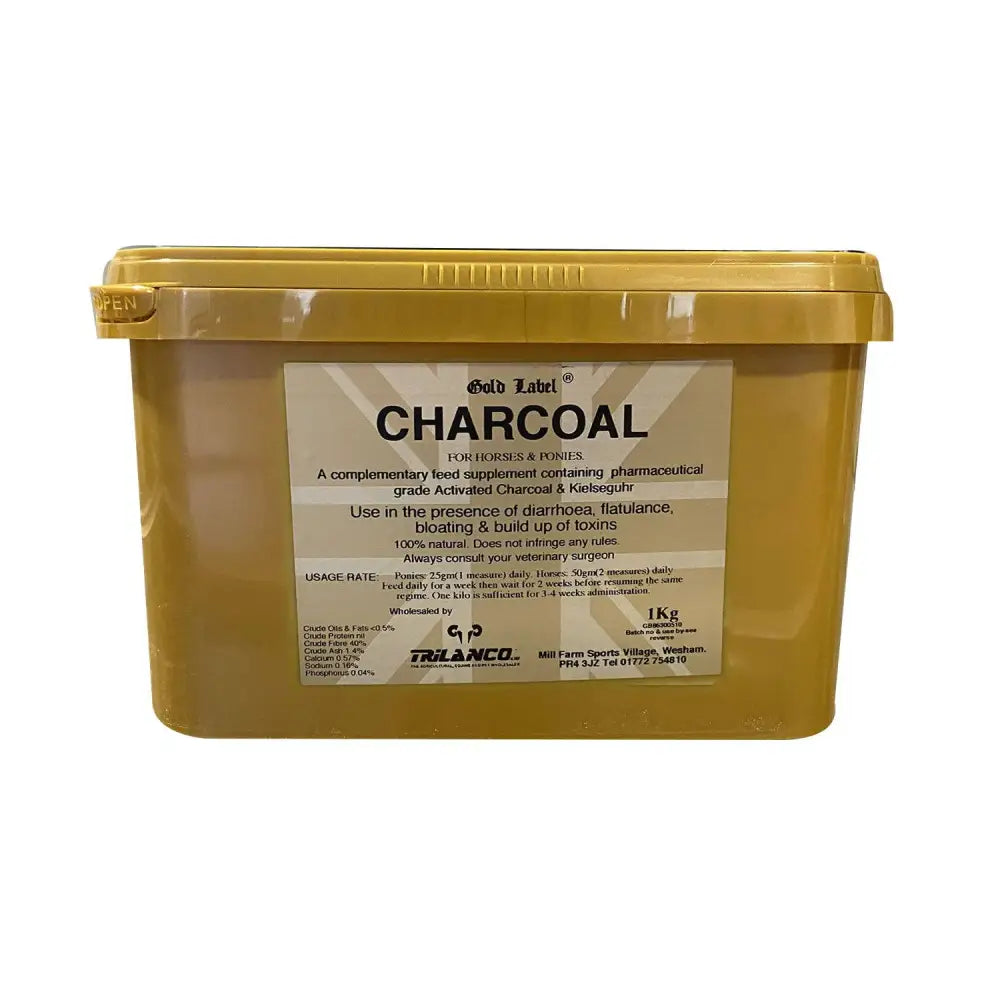 Gold label charcoal pharmaceutical grade activated charcoal in 1kg yellow plastic container with matching lid complementary feed supplement