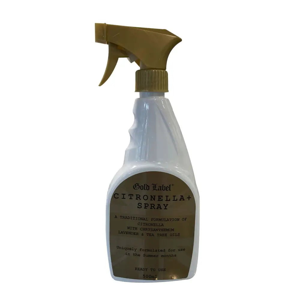 Gold label citronella ultimate alternative product in a translucent white plastic spray bottle with gold trigger for horse grooming