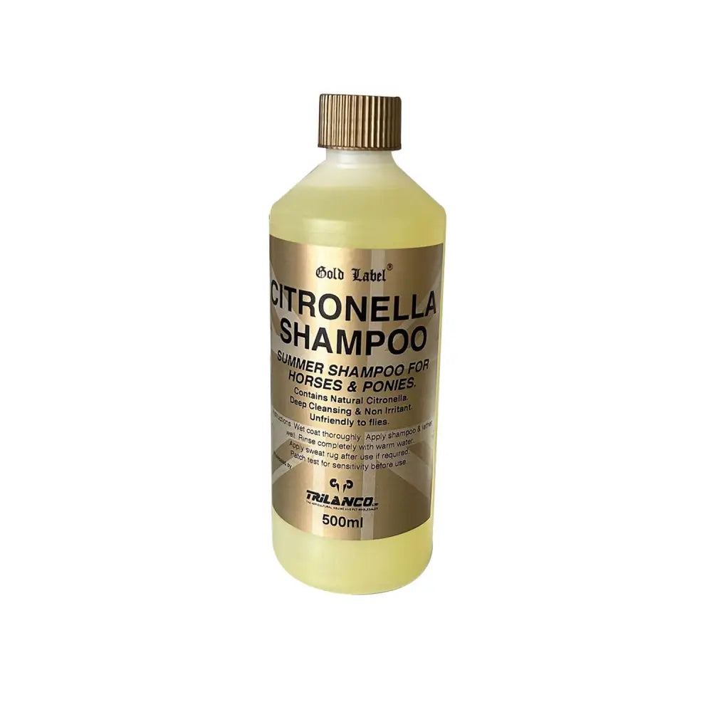 Gold label citronella shampoo in a 500ml translucent bottle with gold cap coconut-based conditioner for horses