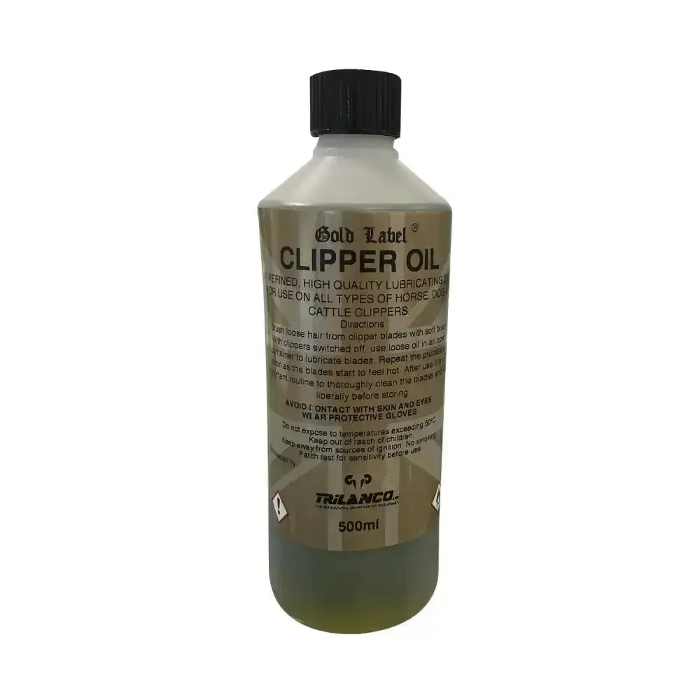 Gold label clipper oil in a translucent 500ml bottle with black cap is high quality lubricating oil for horse and cattle clippers