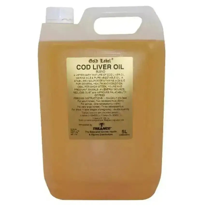 Gold label cod liver oil for horses in a 5l translucent plastic jug with white cap and handle marine oils blend