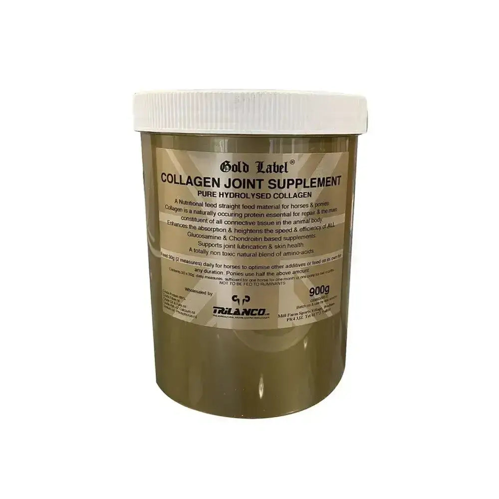 Gold label collagen joint supplement in 900g beige container with white lid featuring hydrolysed collagen formula