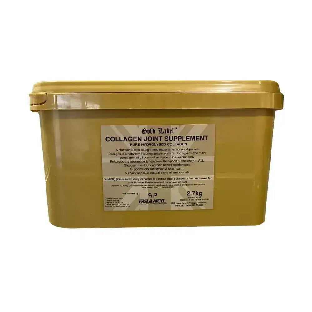 Gold label collagen joint supplement in a 2.7kg yellow plastic container with hydrolysed collagen for horses