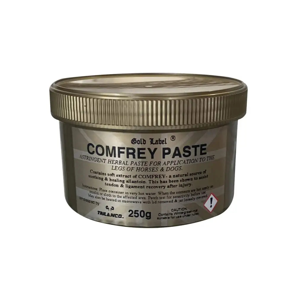 Gold label comfrey paste in 250g metallic container with ribbed lid is a traditional astringent drawing comfrey for horses and dogs