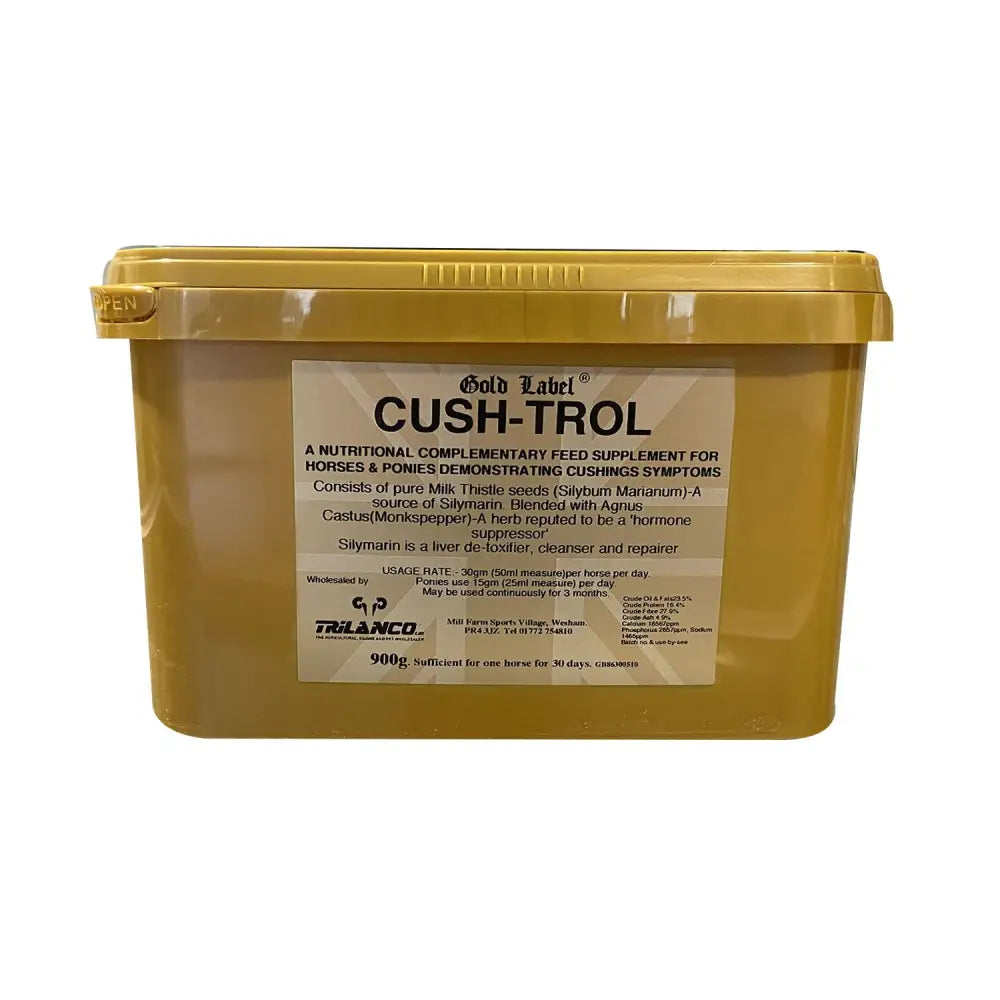 Gold label cush-trol 900g yellow plastic container with milk thistle seeds for ponies demonstrating cushing’s symptoms