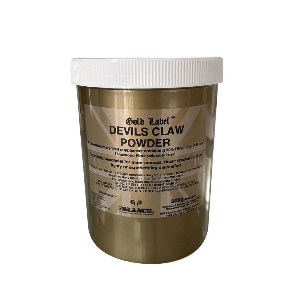 Gold label devils claw powder in a 900g beige container with white lid ideal for limestone flour palatable use