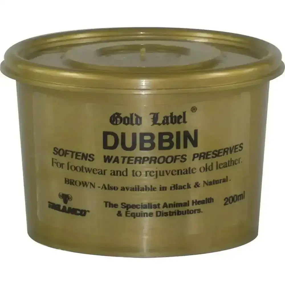 Gold label dubbin in a 200ml brown container with gold lid for dubbin leather care and softening waterproof protection