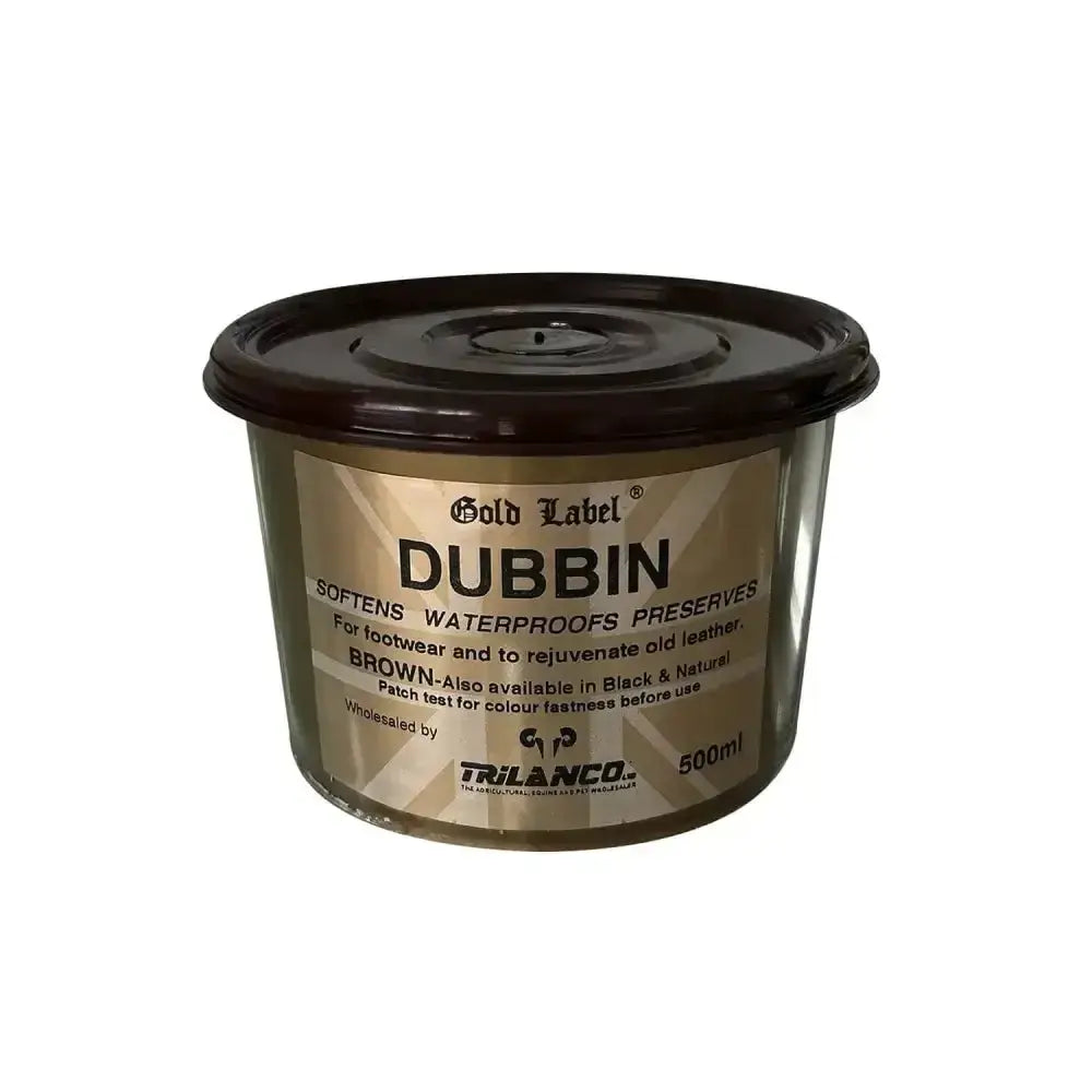 Brown gold label dubbin in a 500ml clear plastic container with dark brown lid for dubbin leather care and softening waterproof protection