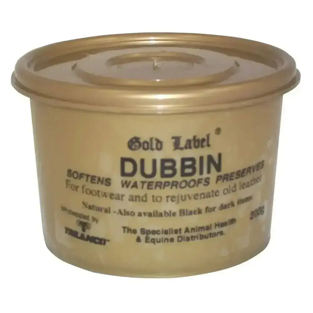 Gold label dubbin in a gold plastic tub offers natural dubbin leather care for softening waterproof protection