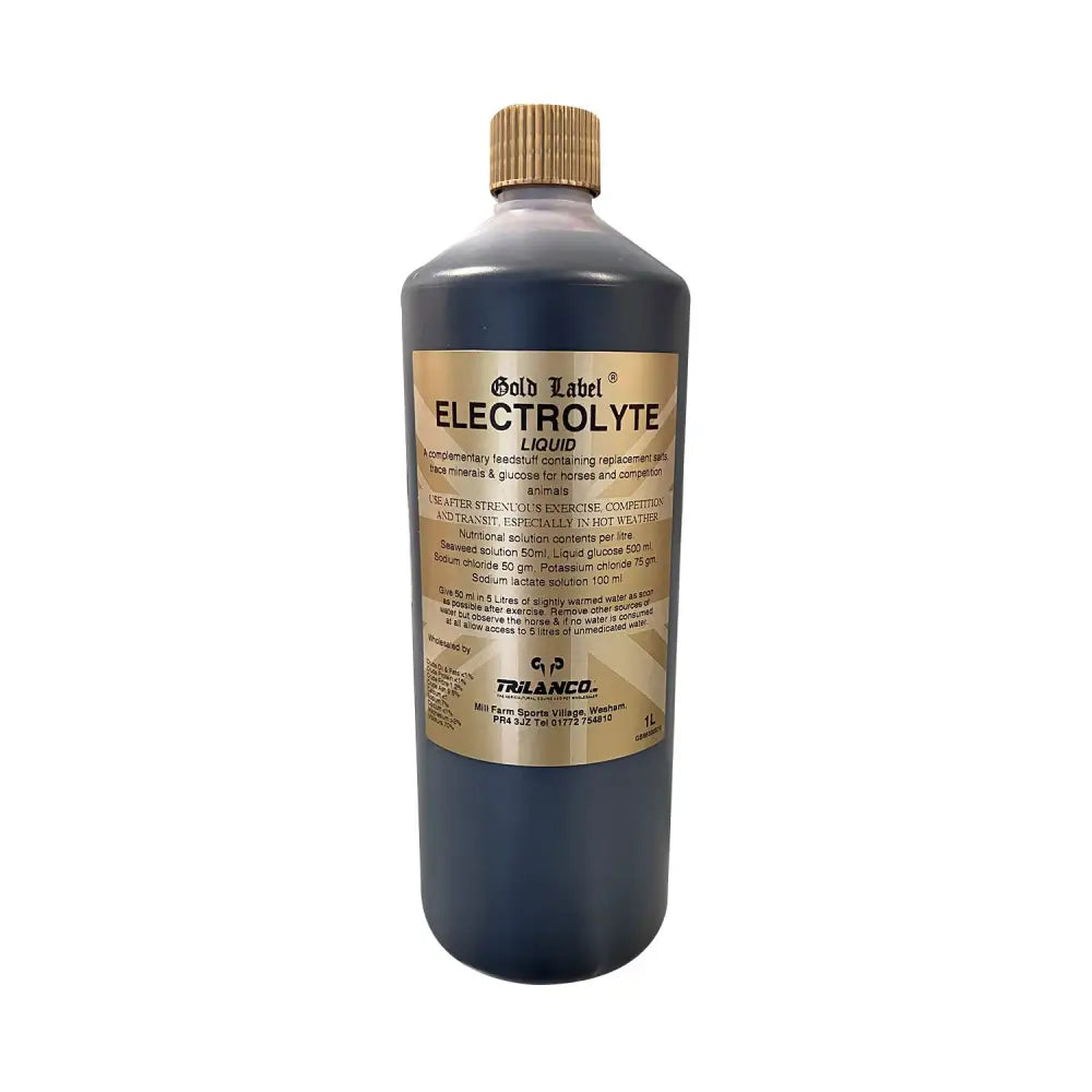 Gold label electrolyte liquid in a 1l dark bottle with gold cap and label includes liquid seaweed for plants
