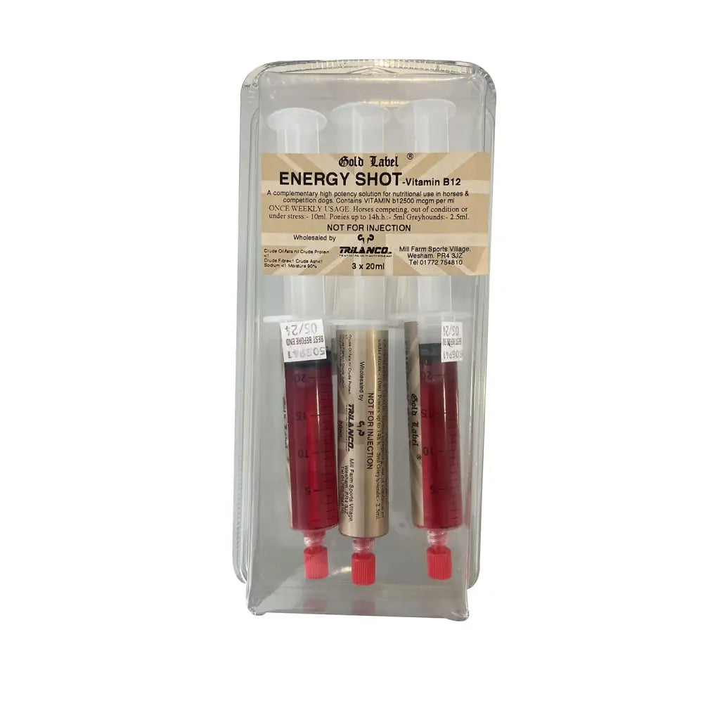 Gold label energy shot vitamin b12 supplement with three red liquid-filled syringes in clear plastic packaging
