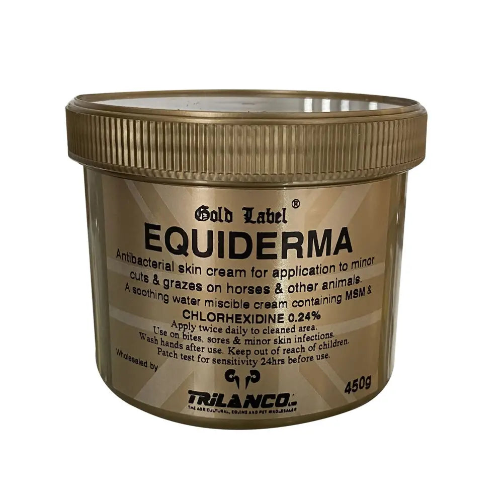 Gold label equiderma antibacterial skin cream in a metallic gold jar with ribbed lid for minor cuts on horses