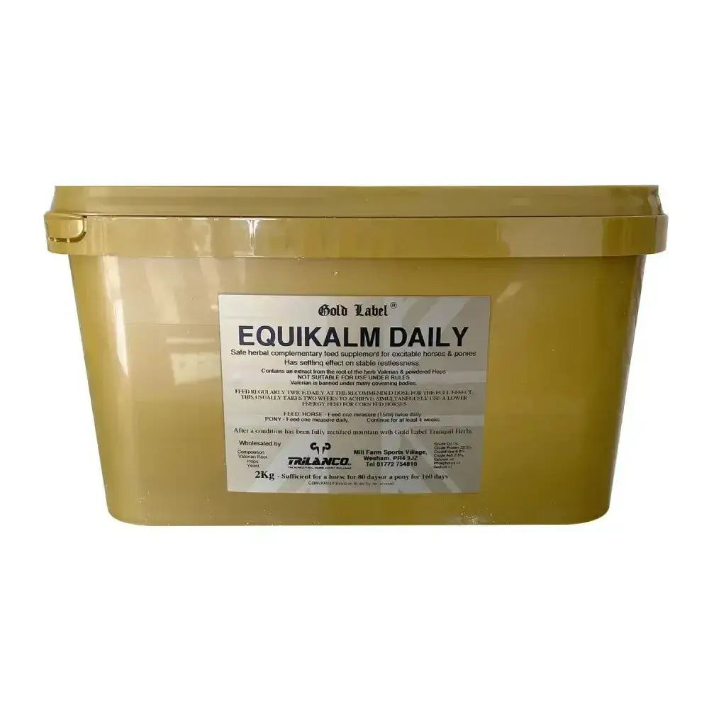 Gold label equikalm daily 2kg container of stable non-sedating herbal supplement for horses