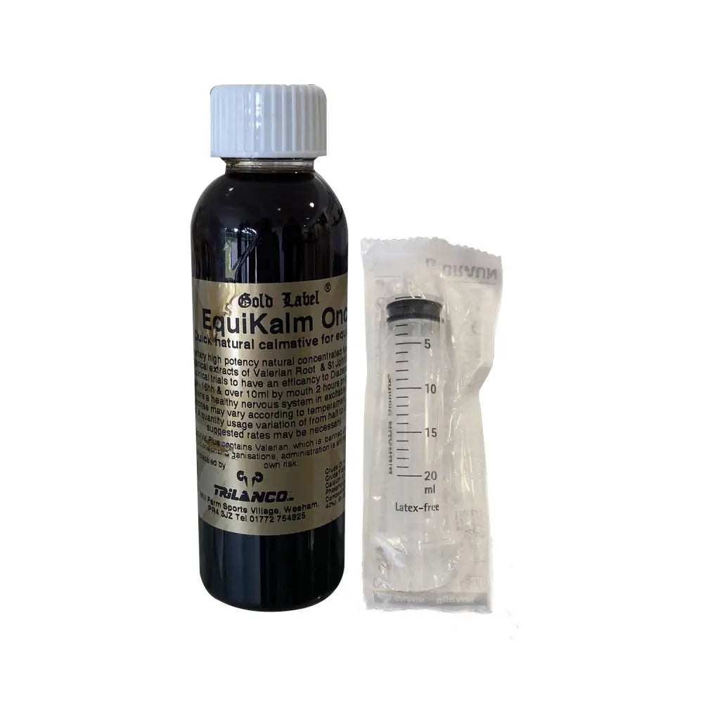 Dark amber glass bottle with gold label equikalm once and white cap next to clear syringe for excitable equines
