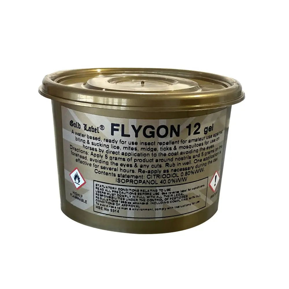 Metallic gold container of gold label flygon 12 gel quick acting fly repellent gel with black and white label