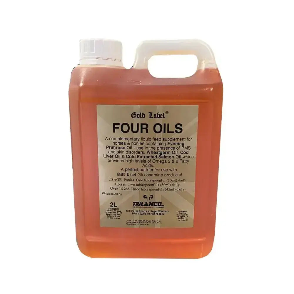 Orange plastic jug with white handle and cap labeled gold label four oils by trilanco featuring evening primrose oil and linolenic acid