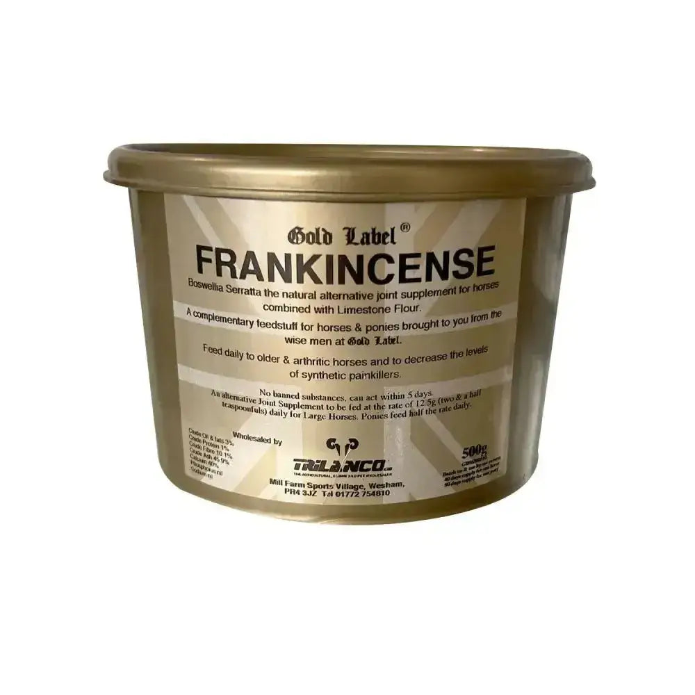 A 500g tub of gold label frankincense in metallic gold packaging as an alternative joint supplement to reduce joint discomfort