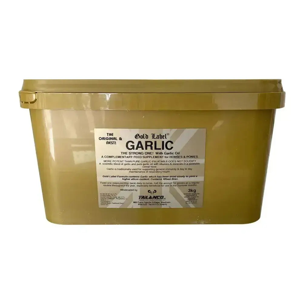 Gold label garlic powder in a matte olive-green plastic container with white label for horse supplements