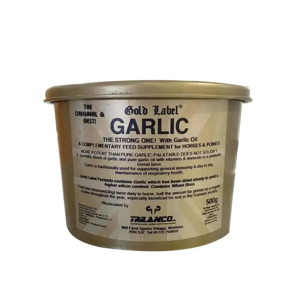 Gold label garlic powder in a metallic gold container labeled the original best horse supplements for horses and ponies